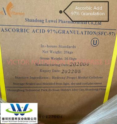 Luwei Cspc Huazhong Vitamina C DC97 Ácido ascórbico 97% Granulação revestida 97% Fórmula C6H8O6